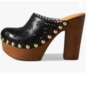 FOWT Black Studded Round Toe Floral Cut Out Platform Mules Chunky Heel Sandals